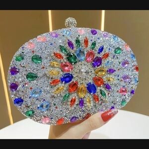 Multicolor Crystal Clutch With Handle And Chain For Over The Shoulder Wear